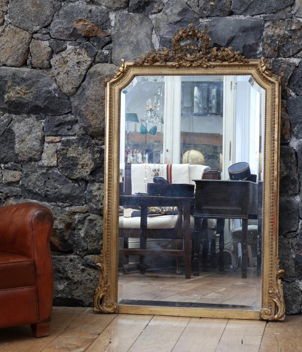 19th Century French Mirror with Ornate Crest